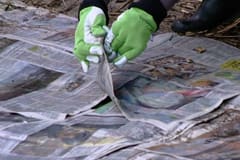 Bred ut de våta tidningspappren på marken
