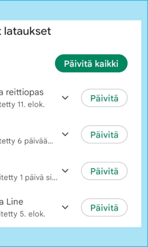 1. Play-kaupassa aloita näpäyttämällä valikkoa. Näyttökuva Google play sovellusten päivittämisestä. Nuoli osoittaa kohtaan: Asetukset(kolme viivaa allekain)