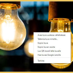 Verkkoselaimissa hiiren kakkosnapin takana on hyödyllisiä komentoja. Mm. linkin osoitteen tai kuvan saa helposti talteen komentojen avulla. Kuvakaappaus Google kuvahausta, jossa hiiren kakkospainikeen valikko