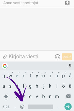 Emojit löytyvät hymynaaman takaa näppäimistöstä. Tekstinviestin syöttökenttä.