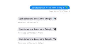 Skärmdump från sajten Emojipedia. Samma meddelande sett på fyra olika telefoner. De innehåller alla en pistolemoji. På en iPhone är pistolen en vattenpistol medan den i de övriga meddelandena är en riktig revolver.