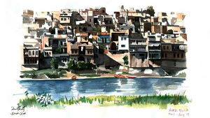 Målning av gamla stan i Mosul vid Tirgis strand, av arkitekt Ahmed Tohala