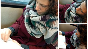 Just nu testar Anna-Sofia olika tekniker och pennor. Nästa införskaffning är en riktig bläckpenna. Bildkollage av Anna-Sofia Nylund-Allén som sitter på spårvagnen och tecknar i ett ritblock.