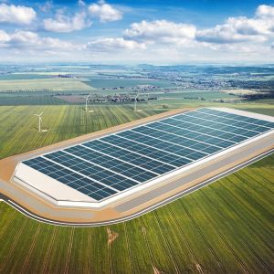 En skiss av hur Teslas gigafactory kunde se ut om den byggs i Vasa