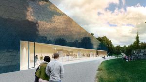 Så här ska det se ut. Arkitektritning på Kyrkslätts biblioteks nya fasad mot kyrkans stenmur.