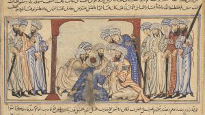 Quraish-heimon jäseniä Rashid al-Dinin kirjassa Jami’ al-Tawarikh (Compendium of Chronicles). Kirja summaa maailmanhistoriaa, ja sitä pidetään yhtenä merkittävimmistä keskiaikaisista dokumenteista. Se on myös Tšingis-kaanista tiedetyn päälähteitä. Detail of miniature from the Compendium of Chronicles by Rashid al-Din. Shows members of the Quraysh tribe, who controlled the area around Makkah (Mecca) in consultation regarding the proscription of their kinsmen, the Banu Hashim and the Banu Abd al-Mutt
