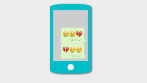 Vi brukar oftast sätta den gråtande emojin först och sedan det brustna hjärtat. Grafik av telefon och meddelande med emoijer.