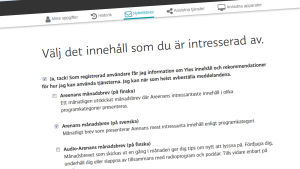 Under fliken Nyhetsbrev kryssar man för de brev man är intresserad av. Screenshot av webbsidan där man prenumererar på Yle Arenans nyhetsbrev.