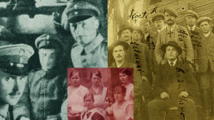 Jääkäreitä viedään Saksan itärintamalle 1916/1917. Punakaartin sairaanhoitajia 1918. Loimaalaisia nuorukaisia punakaartiin lähdön edellä. Kuvakollaasi: Jääkäreitä viedään Saksan itärintamalle 1916/1917. Punakaartin sairaanhoitajia 1918. Loimaalaisia nuorukaisia punakaartiin lähdön edellä.