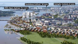 Skyskrapor kommer att vara en del av Helsingfors i framtiden. Vy över nya Helsingfors med Fiskehamnen och centrum.