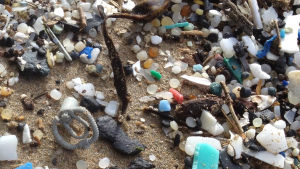 Hitta legot - de sköljs ofta upp tillsammans med all möjlig annan typ av plastskräp. En liten lego-dykarmask bland massvis med plastskräp på en strand.