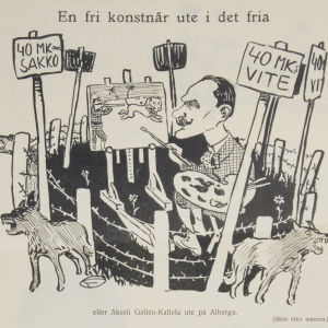 En fri konstnär ute i det fria - eller Akseli Gallen-Kallela ute på Alberga. Karikatyr i tidskriften Fyren 32/1914 1914 En fri konstnär ute i det fria - eller Akseli Gallen-Kallela ute på Alberga. Karikatyr i tidskriften Fyren 32/1914 1914