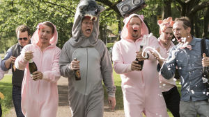 Tre små grisar? Gänget i Luokkakokous 2. Hela polterabendgänget i parken i filmen Luokkakokous 2.