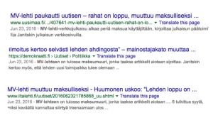 MV-lehden epäuutinen maksullisuuteen siirtymisestä sai paljon näkyvyyttä perinteisessä mediassa. Google-hakutuloksia MV-lehti uutisoinnista.