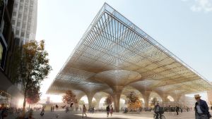 Katseenvangitsija COBEn ja Lundén Architecturen ehdotuksessa asemakeskukseksi on kullanhohtoinen puinen katos. Tampereen asemakeskus
