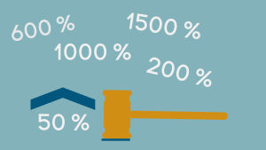 Korkokatto alle 2 000 euron lainalle on 50% +viitekorko. Korkoprosentteja ja nuija, grafiikka.