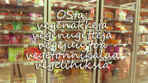 Kaupan kylmäkaappi ja vegaanisten einesten nimiä, grafiikka.