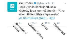 Twitterin pikatoiminnot Kuvakaappaus Twitteristä. Kuvassa selitetty tviittiin liittyvät toiminnot: kommentoi/vastaa, uudelleentviittaa, tykkää ja yksityisviesti