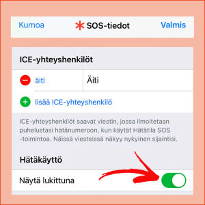IPhonessa ICE-ihmiset löytyvät SOS-tiedoista. IPhonessa ICE-yhdyshenkilö laitetaan SOS-tietoihin.