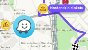 Waze-sovelluksen tiedot tietöistä ja vastaavista tulevat muilta käyttäjiltä. Näkymä Googlen omistamasta Waze-karttasovelluksesta. Wazen logo kuvan päällä.