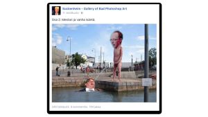 Facebookista löytyy oma suomalainen sivusto poliittisille photarimeemeille: Suckenheim - Gallery of Bad Photoshop Art Halla-Ahon ja Timo Soinin valta-asetelmaa kommentoiva meemi