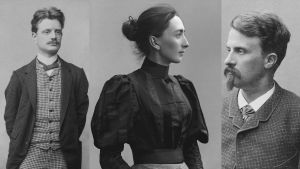 Vasemmalta oikealle Jean Sibelius, Aino Sibelius (Järnefelt) ja Juhani Aho. Jean Sibelius, Aino Järnefelt, Juhani Aho