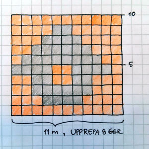Stickdiagrammet för ladan. Ett stickmönster föreställande en grå lada mot orange botten.