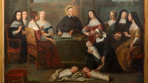 Rose-Marie Peaken väitöskirjan 2015 kansimaalaus. Vincent de Paul ja Laupeuden tyttäret. Maalaus Jean André noin v. 1732. Rose-Marie Peaken väitöskirjan kansimaalaus. 1600-luvun Pariisista: Pappi ja Laupeuden tyttäret -nunnajärjestöä