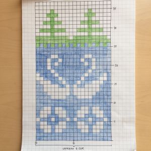 Ritat mönster i färg till pulsvärmaren Stickmönster ritat med färg på rutigt papper.