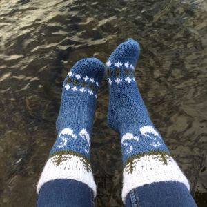 Den blå bottenfärgen symboliserar vattnet vi så starkt förknippar med vårt land. Fötter iklädda stickade sockor och vatten i bakgrunden.
