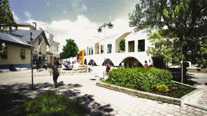 Köpmansgatan i Pargas enligt visionen som presenterades i programmet "Kaupunki uusiksi" då arkitektkollektivet besökte Pargas 2014. suunnitelmaa Paraisten rakentamiseksi, havainnekuva