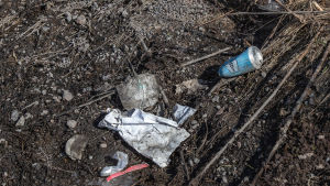 Kämäräinen önskar att de som skräpar ner inte ska skrynkla ölburkarna. Då får man ingen pant. bild på skräp på marken