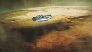 Hur gjorde Han Solo Kessel Run på 12 parsecs? Rymdskeppet Millennium Falcom flyger ovanför en rödbrun planet.