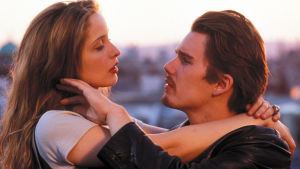 Céline (Julie Delpy) ja Jesse (Ethan Hawke) vuosimallia 1995 elokuvassa Rakkautta ennen aamua Julie Delpy ja Ethan Hawke elokuvassa Rakkautta ennen aamua