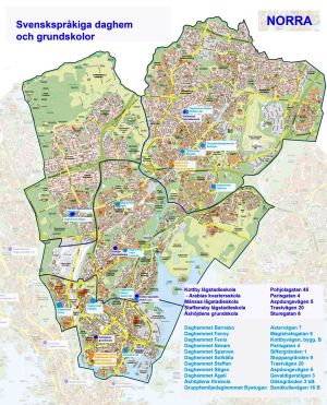 Granskningen av det norra skolnätet inleddes i augusti. Klicka på bilden så ser du kartan och mera information på utbildningsverkets sajt. Norra skolnätet i Helsingfors.