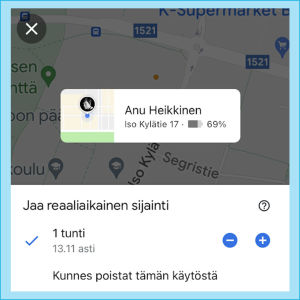 Google Maps > Valikko > Sijainnin jakaminen > Aloita > Valitse henkilöitä tai jaa valitsemasi sovelluksen kautta. Kuvakaappaus Google Mapsin kartasta Pasilan alueesta. Nuoli osoittaa valikkoon