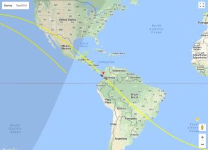 Tiangong-1:s position på tisdagen den 2.1 kl. 15:00. Rymdstationen Tiangong-1:s position enligt en satellitspårare.
