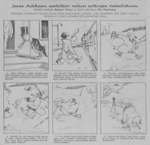 Den sista seriestrippen om Janne Ankkanen i "Suomen kuvalehti" i januari 1918. Seriestrippen "Juha Ankkanen" av Jalmari Finne och Ola Fogelberg i Suomen Kuvalehti 26.01.1918.