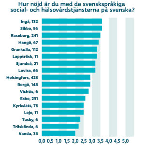 Enligt den statistik som erhölls från enkäten så är man nöjdast med svenskspråkiga servicen i Ingå, Sibbo och Raseborg. Siffran till höger om ortens namn indikerar hur många som svarade på enkäten. Statistik över hur nöjda människor i olika städer i Nyland är över den svenskspråkiga servicen inom hälsovården.