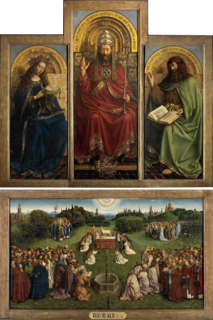 Alttaritaulu Karitsan palvonta on on ihme kyllä yhtä osaa vaille täydellinen. Kuvaa klikkaamalla näet lähes koko teoksen. Jan van Eychin 1432 viimeistelemä Gentin alttaritaulu Karitsan palvonta.