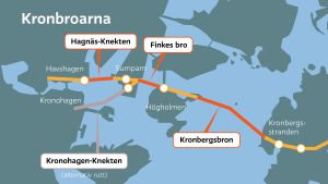 På den senaste översiktskartan som staden gett ut är rutten via Havshagen markerad som den huvudsakliga planen - en rutt via Kronohagen har också undersökts. Enligt Ville Alajoki på staden har man i ett tidigare skede också sett på rutter via Hanaholmen och norra ändan av Havshagen. Allting står ännu öppet eftersom byggbeslutet inte ens fattats. Kronbroarna - plan som Helsingfors stad gjort i december 2015