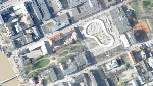 Uusi kaupunki-kollektivets vision för Borgå torg ur fågelperspektiv. Uusi kaupunki-kollektiviets vision för Borgå torg ur fågelperspektiv.