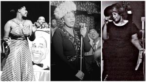 Ella Fitzgerald lavalla kolmella eri vuosikymmenellä: Chick Webbin kanssa (vas.), Dizzy Gillespien kanssa ja Helsingissä. Ella Fitzgerald lavalla: Chick Webbin kanssa (vas), Dizzy Gillespien kanssa ja Helsingissä 1965.