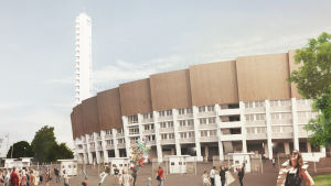Stadionin julkisivua korotetaan ja uusi katos ei näy sen takaa Helsingin olympiastadion