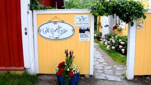 Utanför Café Gamla Stan står en grupp finskspråkiga turister och talar om Mannerheim, när de fått syn på Finlandsflaggan som hänger på husväggen 100-årsjubiléet till ära. Café Gamla Stan i Ekenäs.