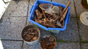 Skräpmetallen som hittas samlas ihop och förs senare till metallinsamlingen. Tre lådor med järnskräp