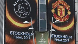 Manchester United och Ajax möts i Europa League-finalen på onsdag i Stockholm. Reklamaffischer inför Europa League-finalen mellan Manchester United och Ajax.