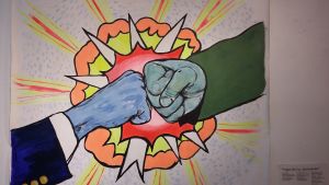 "Yippie-Ki-Yay, Motherfucker". Verk av Sublima tolkningar. Inte alldeles svårt att känna igen för den som följt med nyhetsrapporteringen om samhällsföredraget i våras. En tavla av två knytnävar som krockar mot varandra.