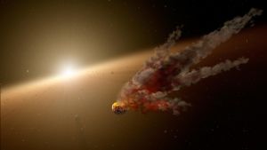 Artistisk föreställning av en kollision mellan en asteroid och en protoplanet. Artistisk föreställning av en kollision mellan en asteroid och en protoplanet.