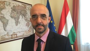 Zoltán Kovács är talesperson för den ungerska premiärministern Viktor Orbán. Ungerska preminärministerns talesman Zoltan Kovacs, i bakgrunden en svartvit världskart samt EU:s och Ungerns flaggor.